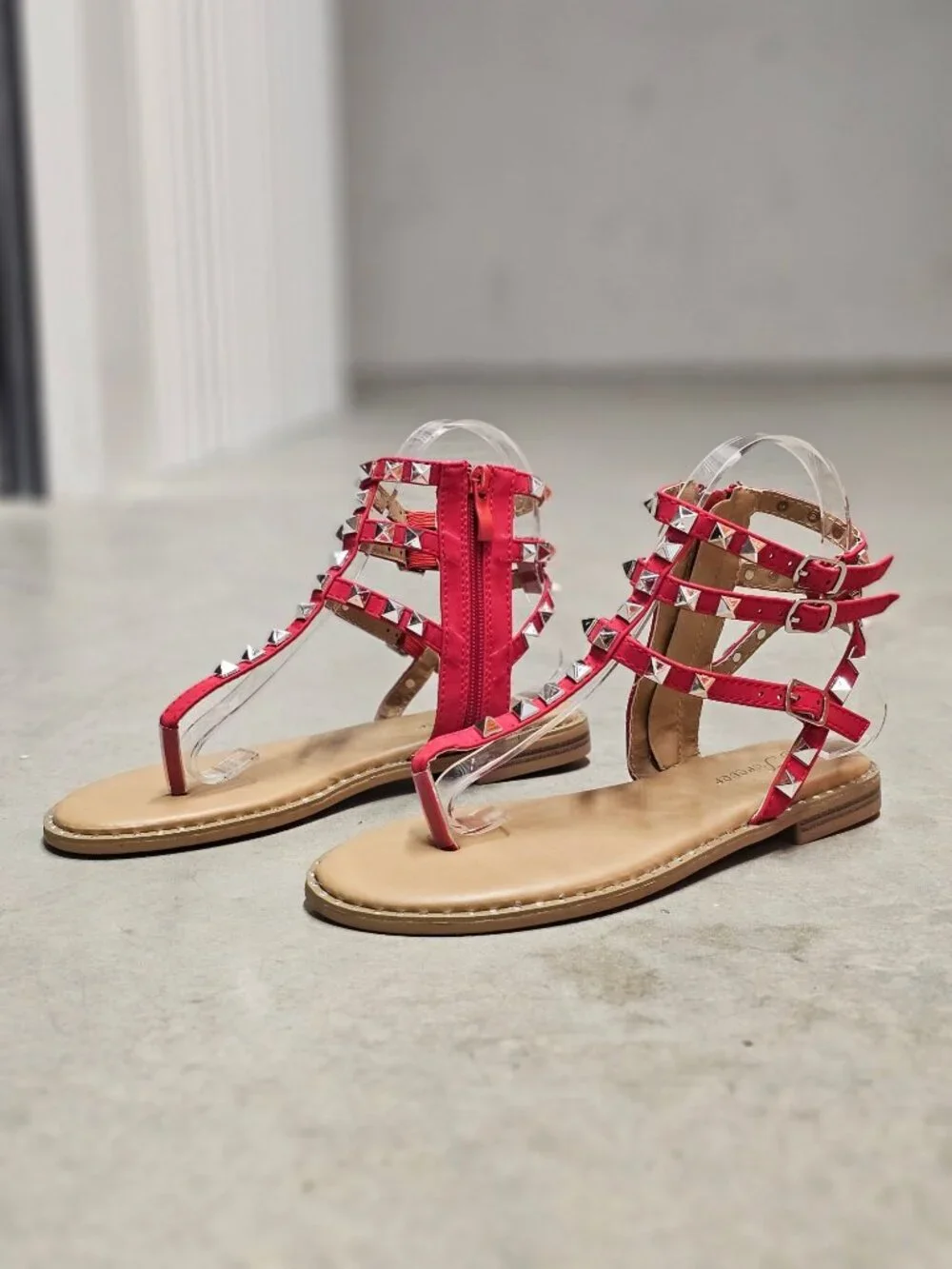 Red Gladiator Sandals With Studded Straps & Side Zipper For Women Flat Sole Comf